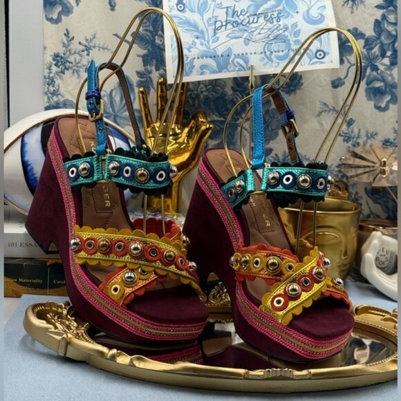 🆕 KURT GEIGER LONDON 🧿 NWOB Scalloped Stud X Wedge Heel Multicolor - Sz 37 US7 - Picture 3 of 12